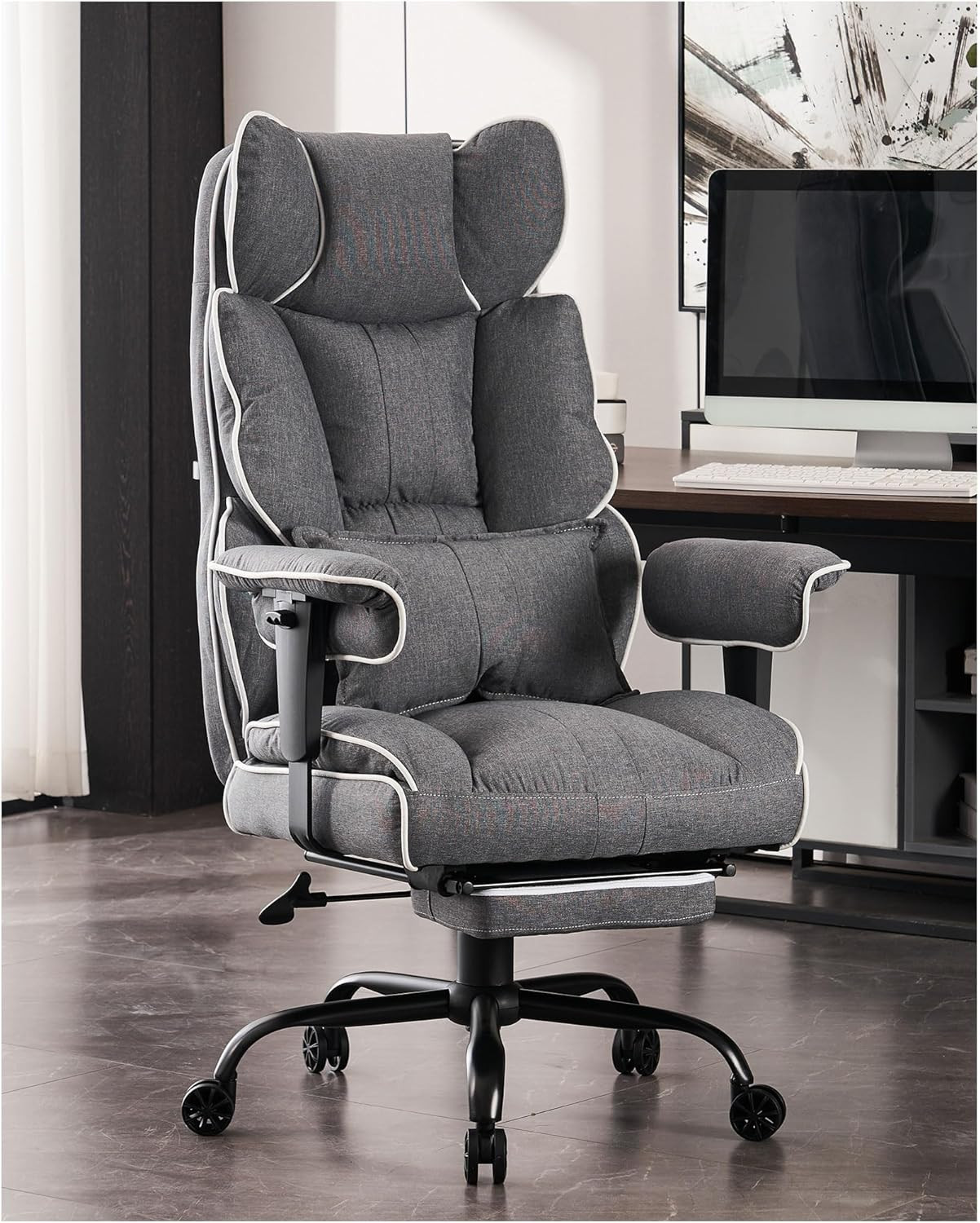Fabric Office Chair, Big and Tall Office Chair 400 lb Weight Capacity, High Back Executive Office Chair with Foot Rest, Ergonomic Office Chair for Back Pain Relief, Gray