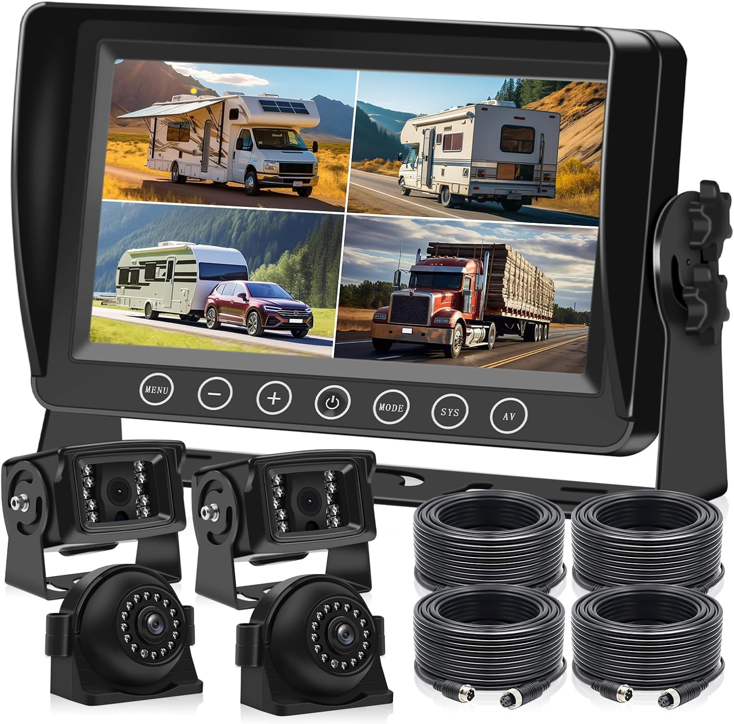 Wired Backup Camera System with 9’’ IPS 4 Split Monitor + 4 Cameras with Rear View Camera, with Side Front View Camera 18 IR Night Vision Waterproof for RV, Trailer, Bus, Trucks BX94