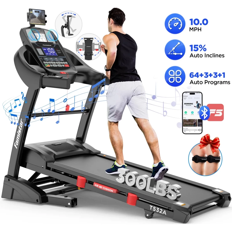 Famistar 4.5HP Folding Treadmill for Home with 15 Auto Incline, Smart APP, 300lbs, HiFi Bluetooth Speakers, 64 Programs, 10MPH Speed, Foldable EleTreadmill Running Machine, Knee Strap Gift