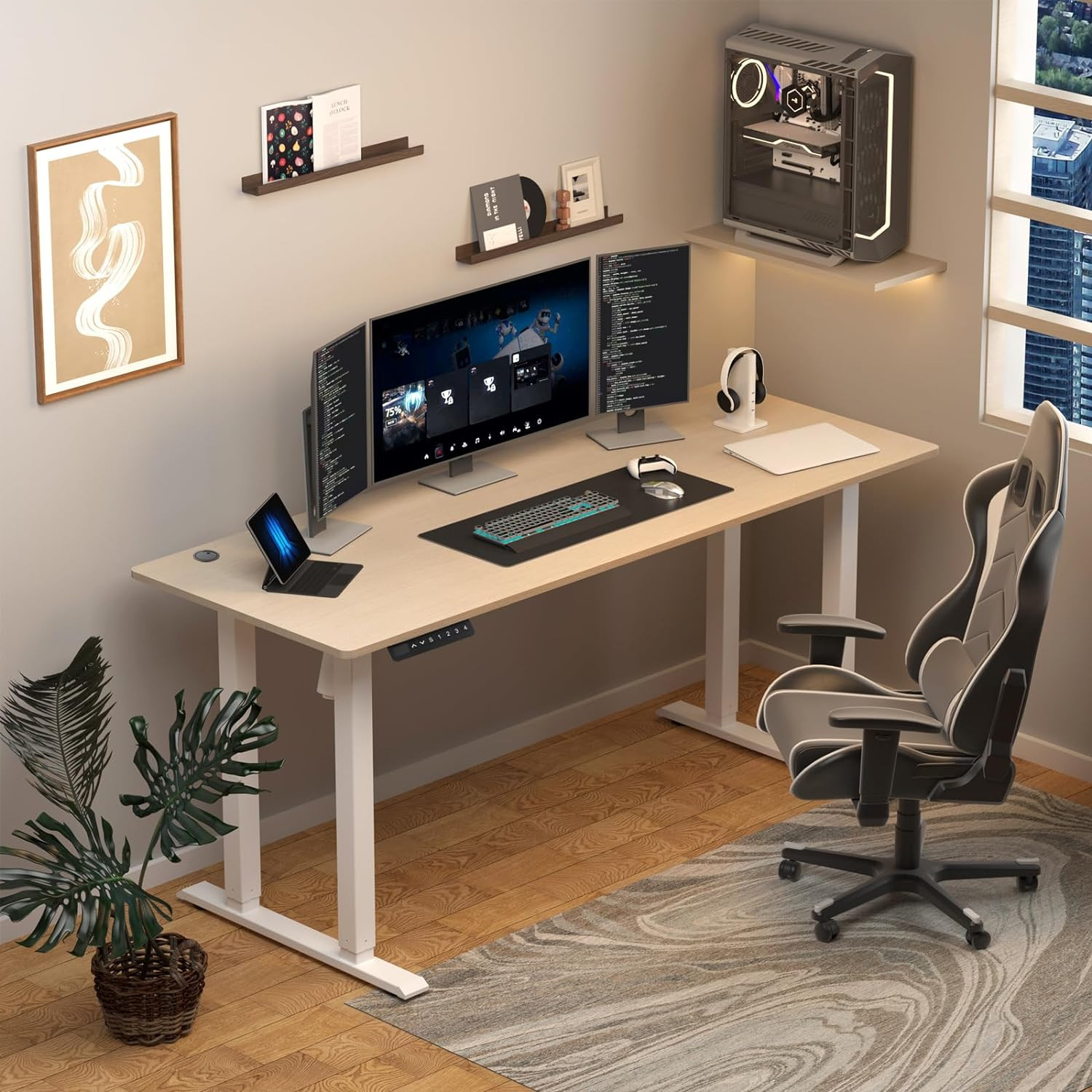Electric 4-Leg Adjustable Height Standing Desk, 55 x 24 Inch Dual Motor Sit Stand up Desk with 4 Height Memory Presets and USB Port (Maple)