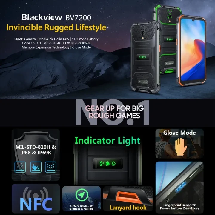 Blackview BV7200 Rugged Phone, 6GB+128GB, Dual Back Cameras, 5180mAh, Fingerprint Identification, 6.1 inch Android 12 MediaTek Helio G85 MT6769Z Octa Core up to 2.0GHz, OTG, NFC, Network: 4G, Global V
